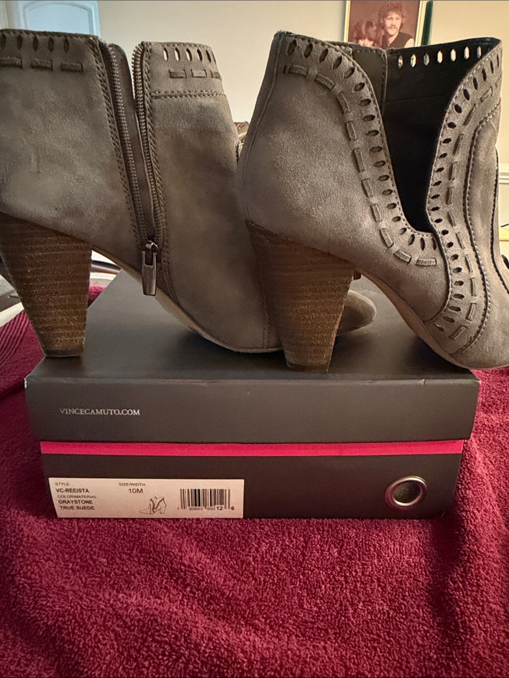 Vince Camuto Gray Suede Cutout Ankle Booties with Stacked Heel